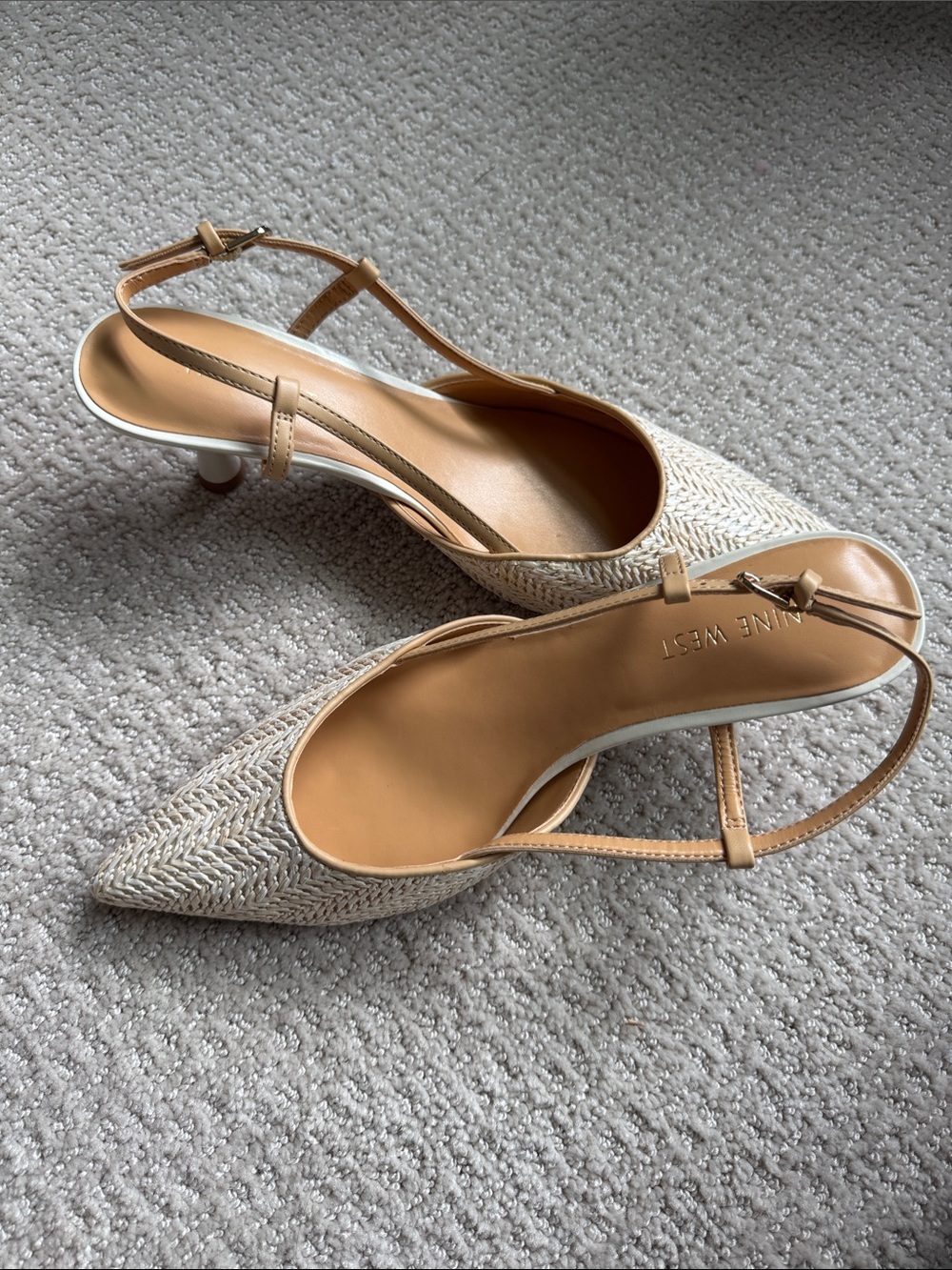 Nine West Cream Woven Slingback Pointed Kitten Heels